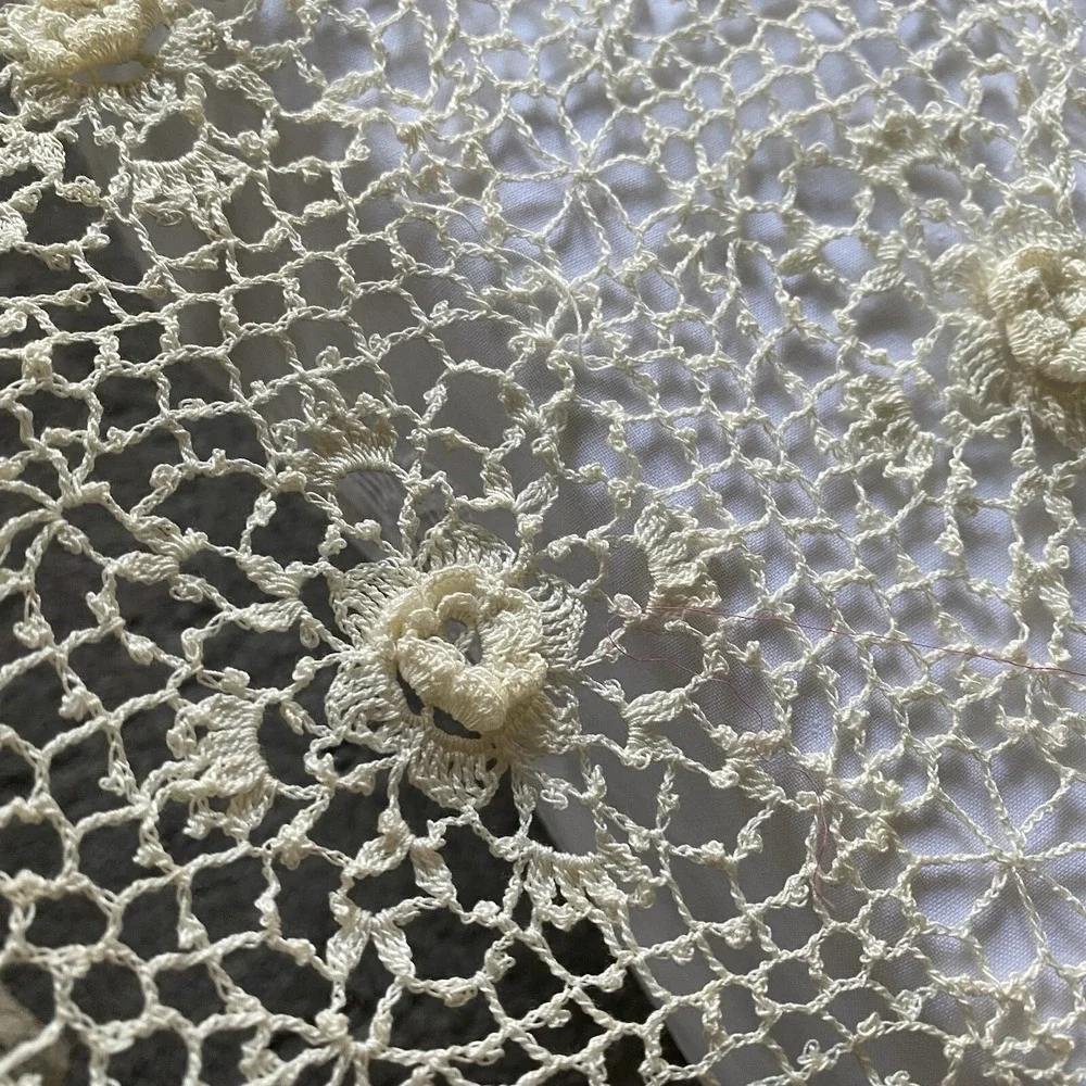 Vintage Crochet Tablecloth Triangular Cream Floral Victorian Shabby Chic